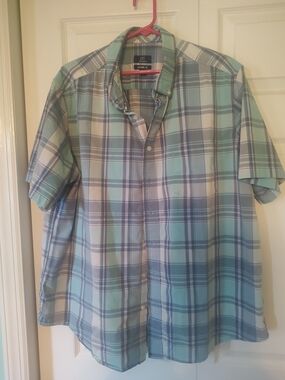 George Men's Short-Sleeve Plaid Button-Down Shirt in Teal and Blue 2XL